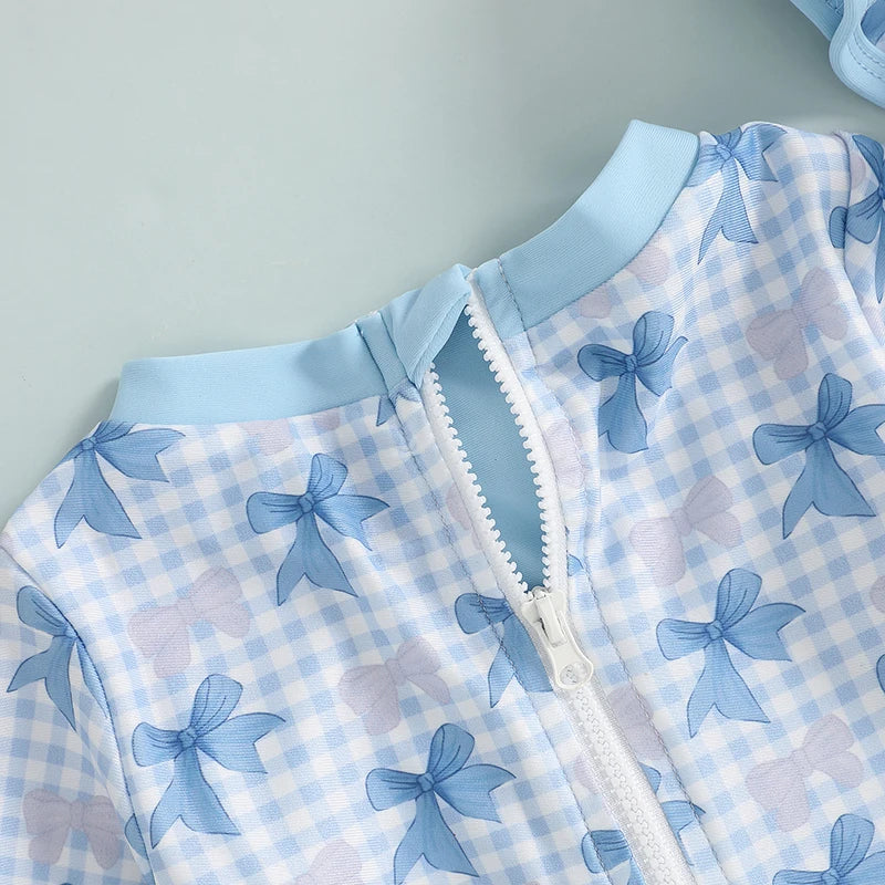 1-4T Children Baby Girl Rash Guard Swimsuit Long Sleeve Bow Plaid Print Bathing Suit Infant Swimwear with Sun Hat