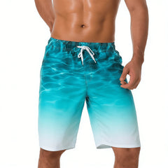 Men's Cyan Gradient Water Ripple Print Drawstring Shorts, Spring Summer Fresh Beach Casual Shorts, Pocket Beach Shorts
