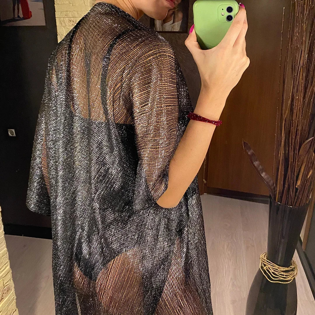 Sexy Fringe Tassel Sheer Knitted Beach Cover Up Dress Shiny Mesh Tunic for Women Swimwear Mesh Cover Lightweight Beach Dress
