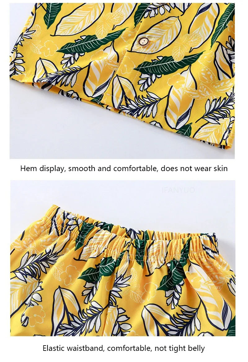 Summer Children Beach Shirt Set Boys Girls Baby Loose Printed Shirts Fashion Vacation Style Kid Short Sleeve+short Pants Outfits