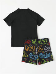 Boy Swimsuit 2026 New Graffiti Print Short Sleeve Children Swimwear Summer Two Piece Kids Beach Wear Swimming Bathing Suit Boys
