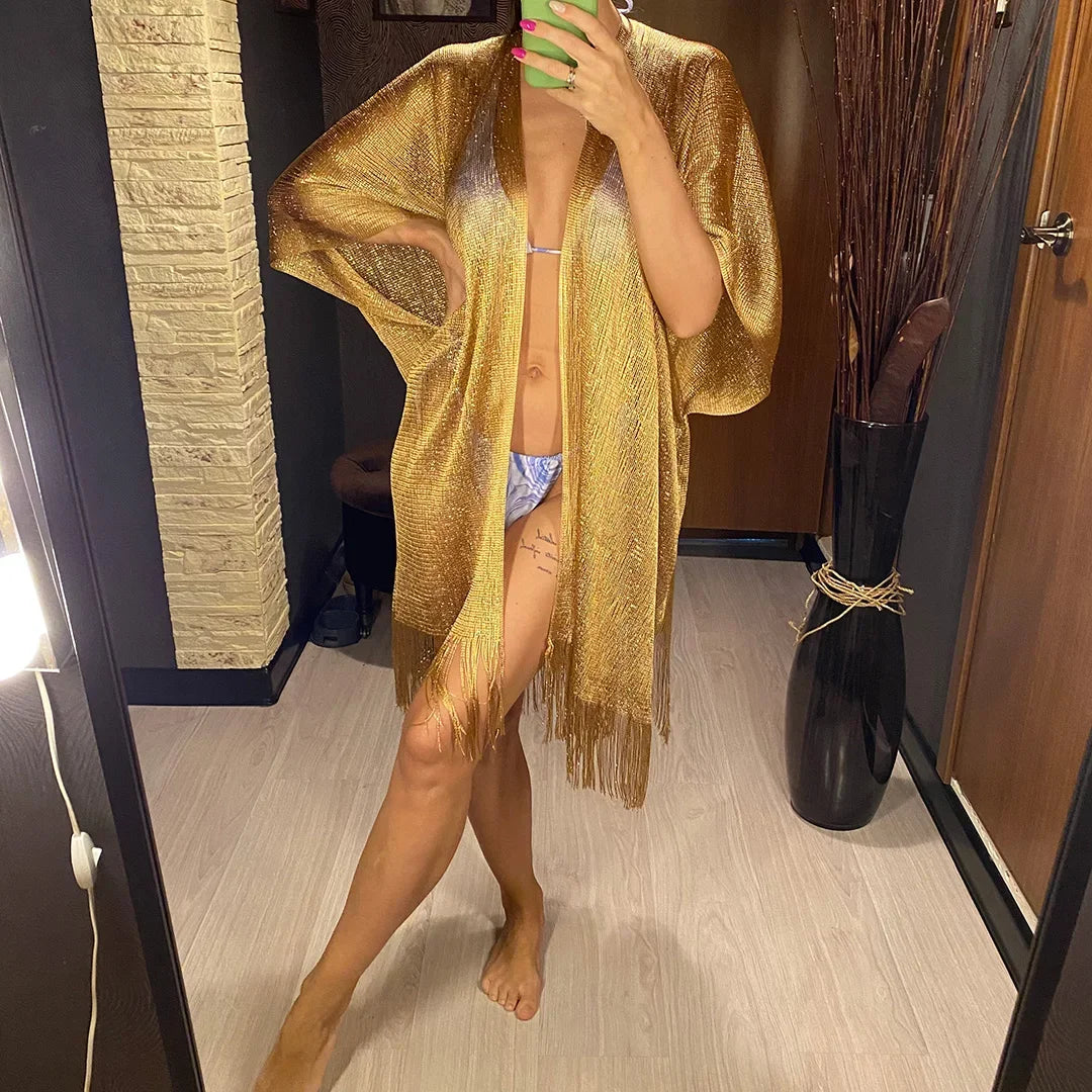 Sexy Fringe Tassel Sheer Knitted Beach Cover Up Dress Shiny Mesh Tunic for Women Swimwear Mesh Cover Lightweight Beach Dress