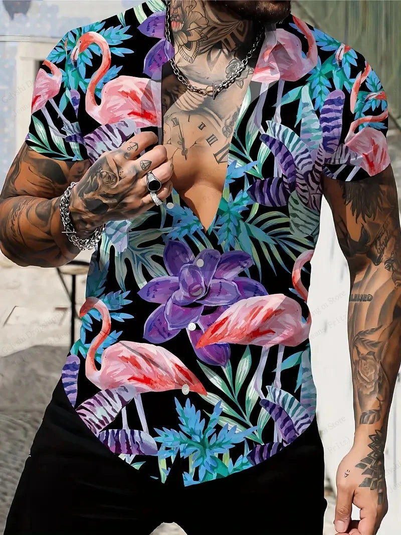 Summer Men's Vocation Lapel Camisa Oversized Hawaiian Shirts Flamingo 3d Print Fashion Men Women Beach Short Sleeve Blouse Boy