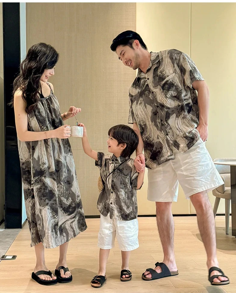 2025 Vacation Look Family Clothes Couple Beach Wear Brother Sister Dad Son Print Shirts Mom Daughter Matching Sleeveless Dress