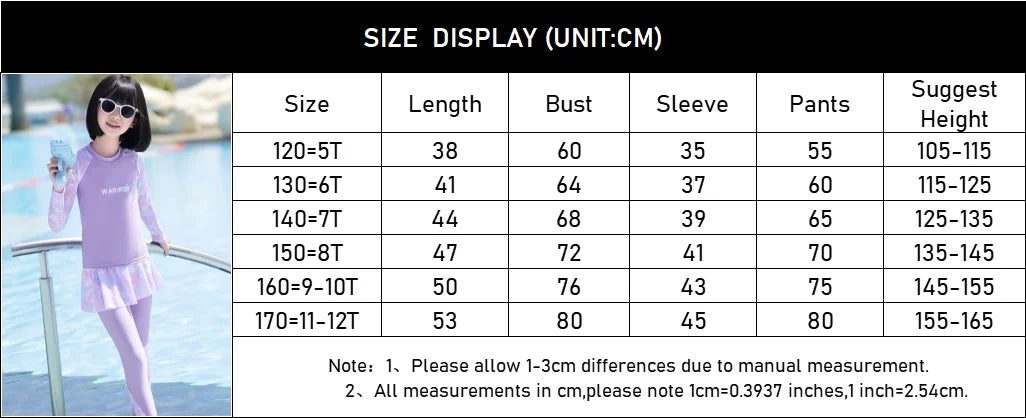 New Girls Fashion Swimsuit Sets Kids Long Sleeve Letter Top + Pants + Skirt 3Pcs for Kids 5-12 Years Split Swimming Clothes
