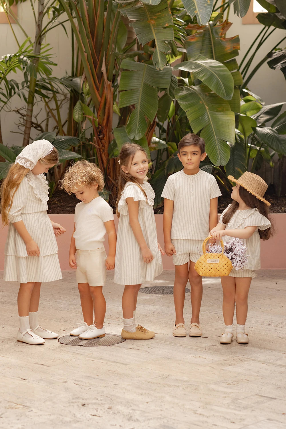 AP Santorini Stripe Collection SS26 Girls Ruffles Sleeve Dress Baby Kids Set V-neck Knit Top Brothers Sisters Family Matching