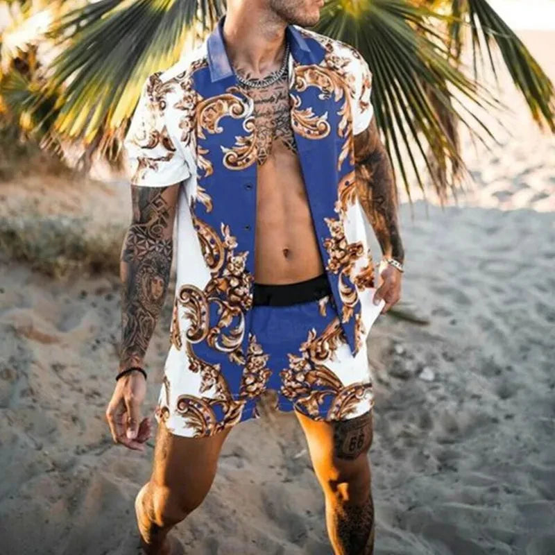Men Hawaiian 2Pcs Sets Summer 3D Printing Short Sleeve Shirt Beach Button Shorts Streetwear Shirt Holiday Men's Two Piece Suit