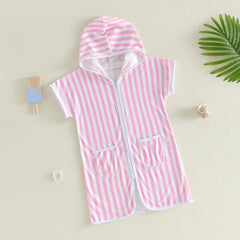 1-6Y Kids Swimwear Cover-ups Striped Zip Up Short Sleeve Hooded Robe Shawl for Beach Pool for Boys Girls Swimsuits