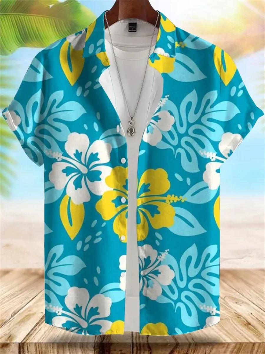 2026 Summer New Men's Tropical Floral Print Short-Sleeve Shirt, Casual Loose Fit, Vacation Style, Beachwear, Hawaiian Shirt