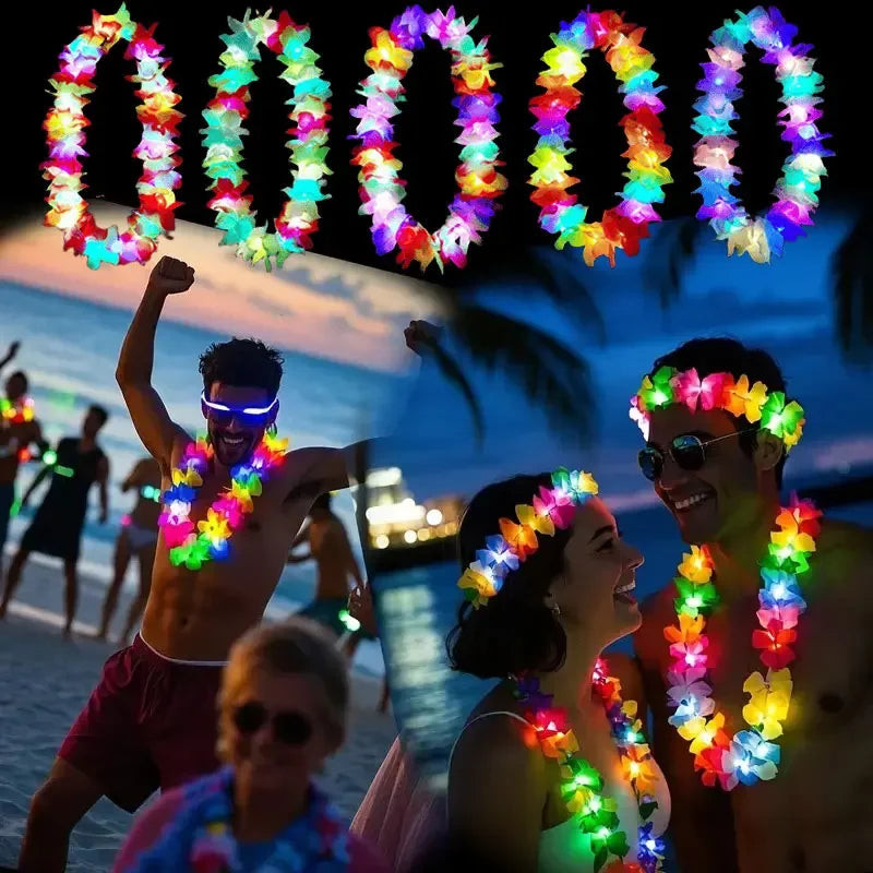Light up Hawaiian Leis Tropical LED Glow Necklaces Headbands Luau Party Artificial Rainbow Lei Carnival Beach Wedding Masquerade
