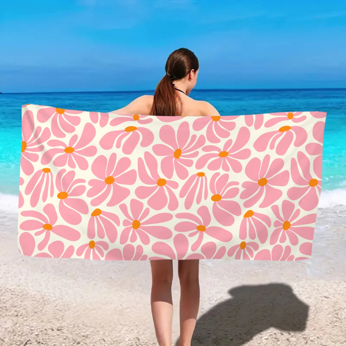 1pc Bohemian Large Beach Towel, Striped Flower Love Printed Bath Towel, Outdoor Swimming, Vacation, Camping Beach Towel