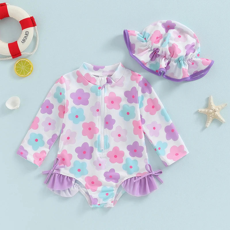 FOCUSNORM 0-24M Summer Baby Girls Rash Guard Swimsuits Long Sleeve Floral Print Zipper Swimwear and Sun Hat