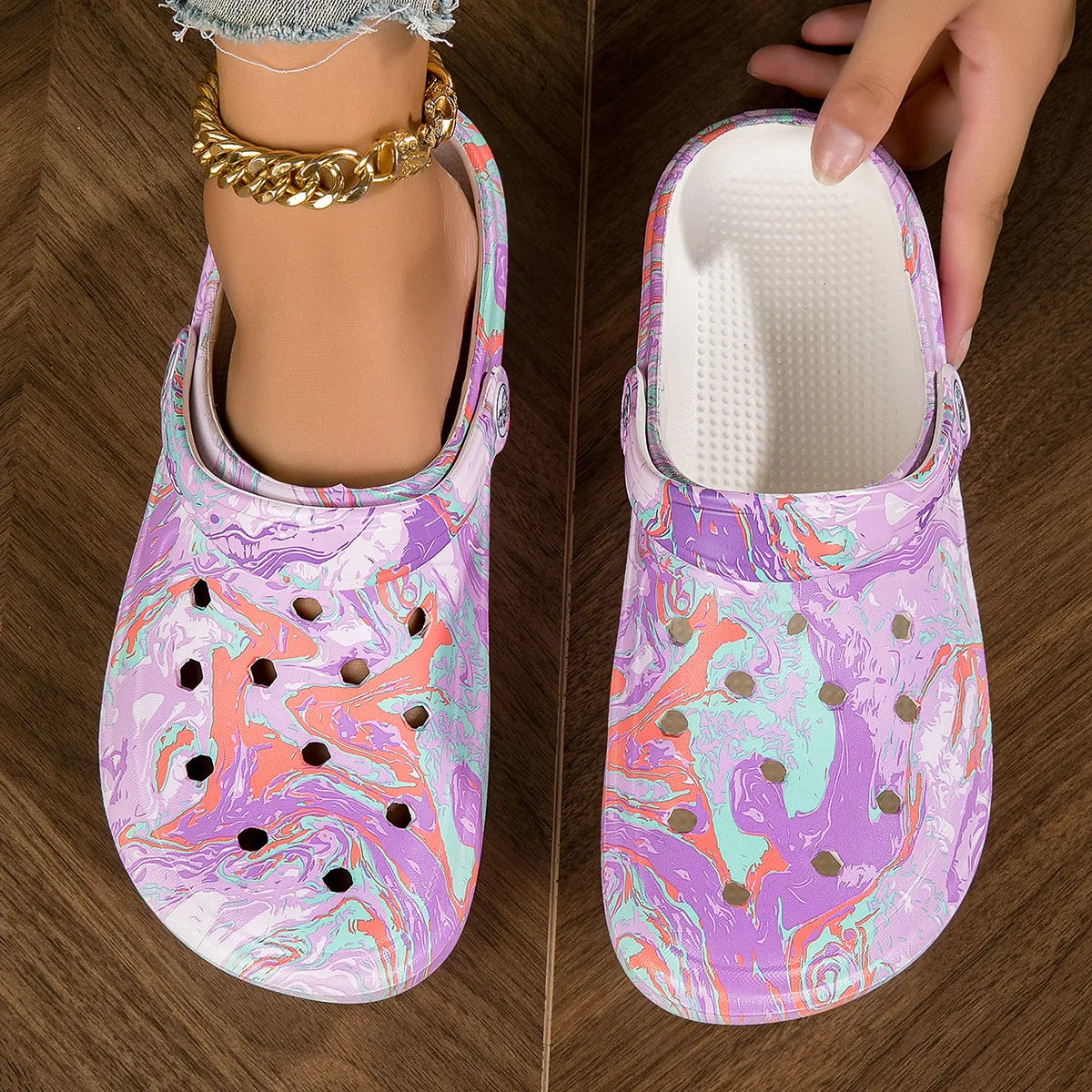 Garden Clogs Comfortable Women's Tie-dye Pattern Clogs, Slip On Lightweight Two-way Wear Clogs, Non-slip Summer Beach Slides 666