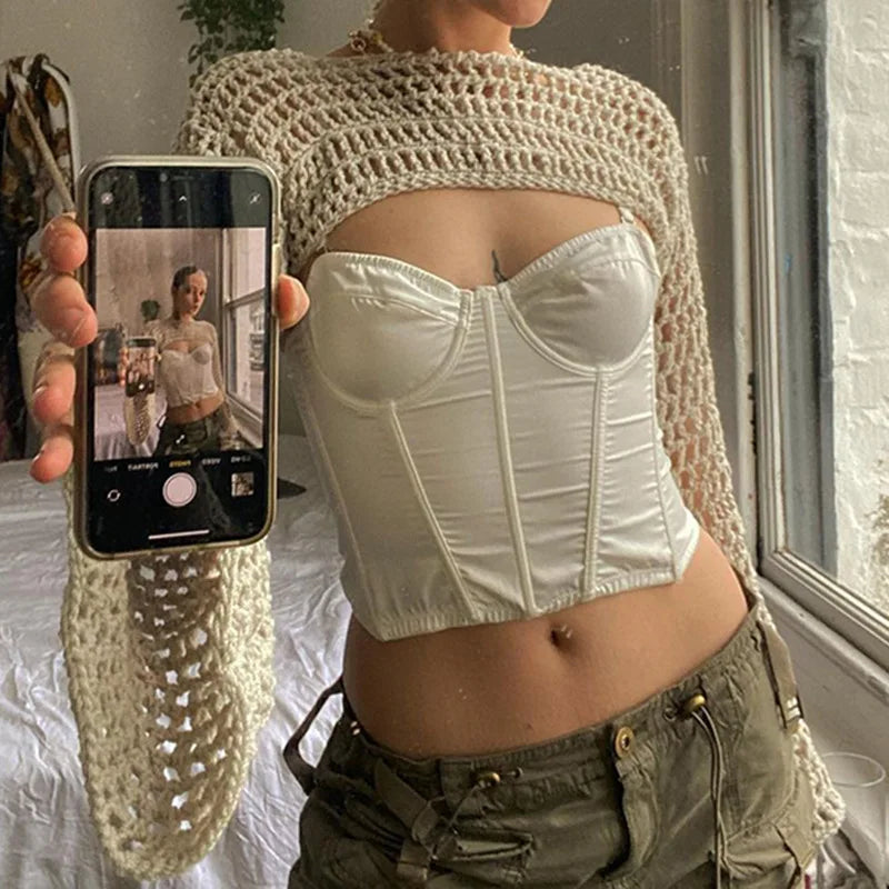 Long Sleeve Crochet Crop Top Summer Knit Hollow Out Mesh Cover Ups 2024 Women‘s Y2k Crochet Tops Pullover Streetwear