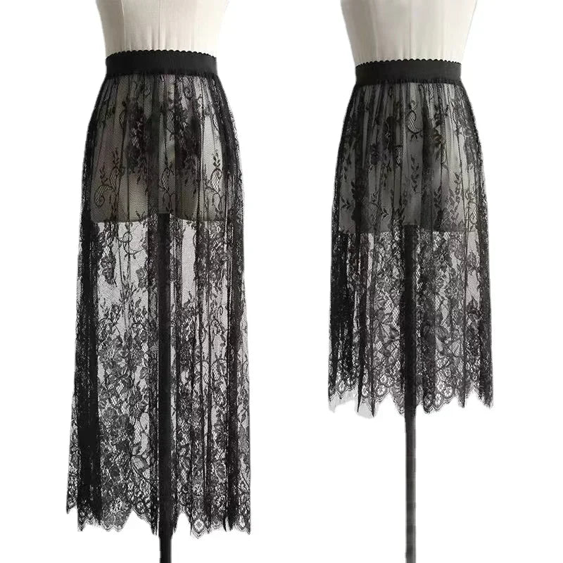 2 Length Elegant Black Skirt White Lace Transparent Long Tulle Skirt Ladies Elastic High Waist Beach Midi Skirt