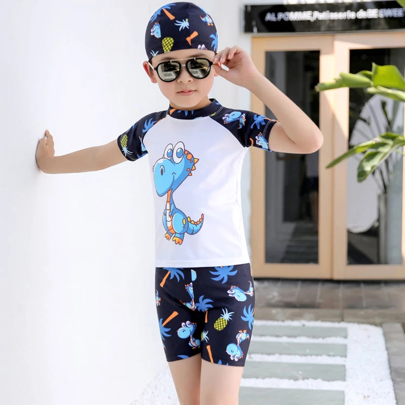 Kids Boy Swimsuit Summer Children Board Shorts Sets Boys Split Short Sleeve Quick Drying Boys Swimwear Beach Surfing Swimsuits