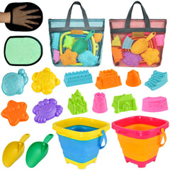 Aclarastra Collapsible Beach Sand Toys for Kids - Travel Beach Toys with 2 Collapsible Beach Buckets Mesh Bags Sand Castle Molds Sand Bucket Shovel Set Sandbox Toy for Kid Toddler 3-5-7